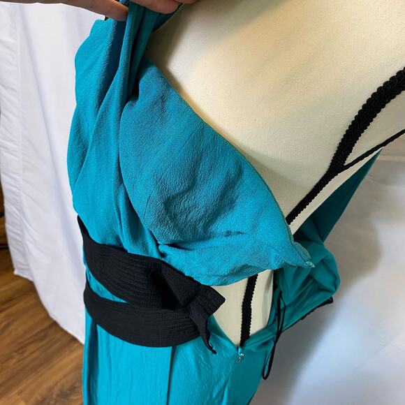 Narciso Rodriguez Teal and Black Silk Belted Drape Style Mini Dress Size 6 Women - Picture 11 of 16